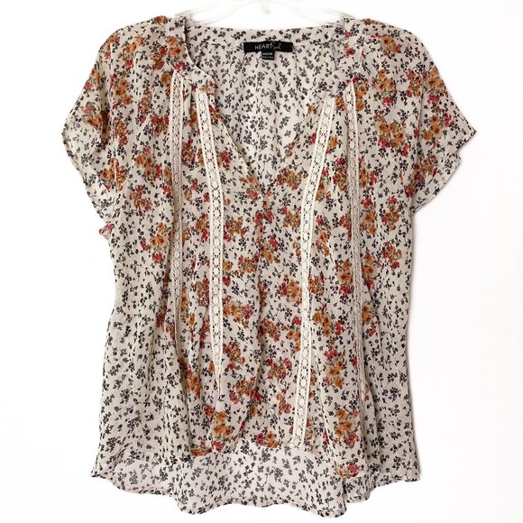 Heart Soul Tops - Heart Soul Semi Sheer Floral Popover Top With Lace Detail Women’s Size M Blouse